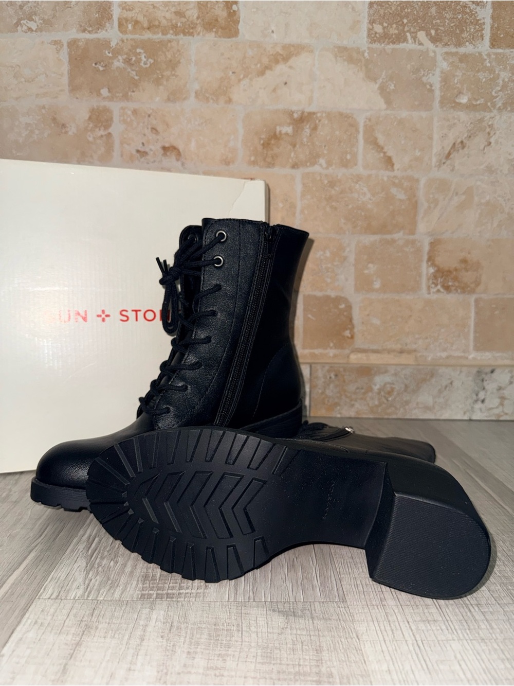Sun + Stone Black Lace-Up Combat Boots with Side Zipper